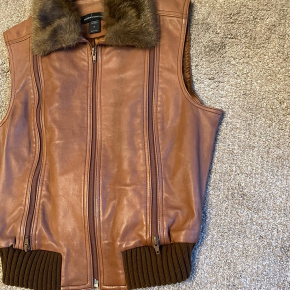 VTG Moda International Brown Leather Vest with Faux Fur Size M Aviator Bomber - Picture 5 of 13